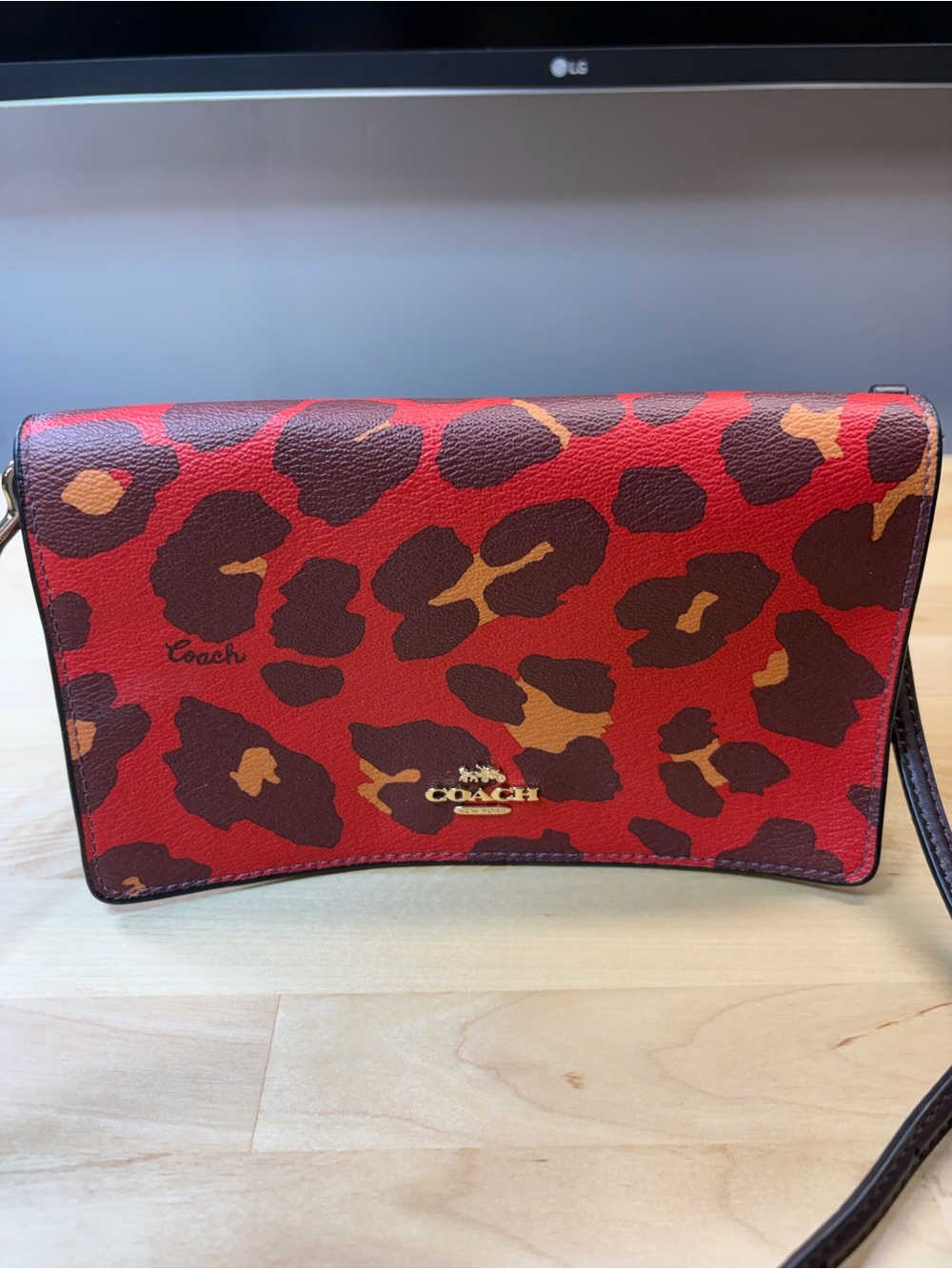Coach Red Leopard Print Leather Crossbody Bag with Gold Logo